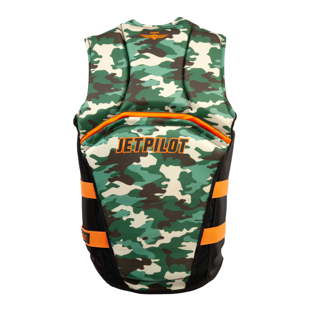 Camouflage-patterned vest with orange accents and 'JETPILOT' branding on a white background
