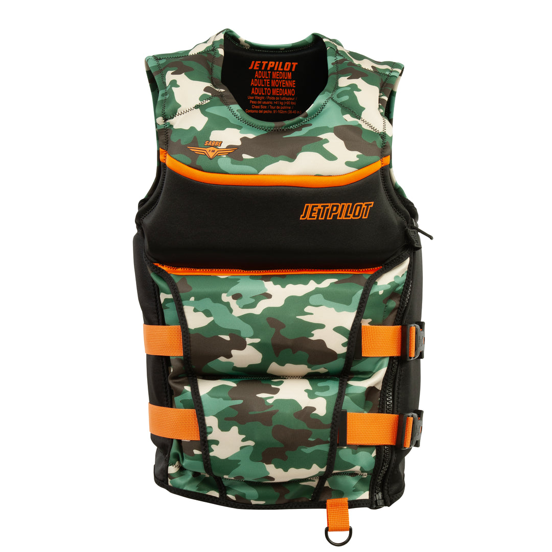 Camouflage life vest with orange accents and JetPilot branding on a white background
