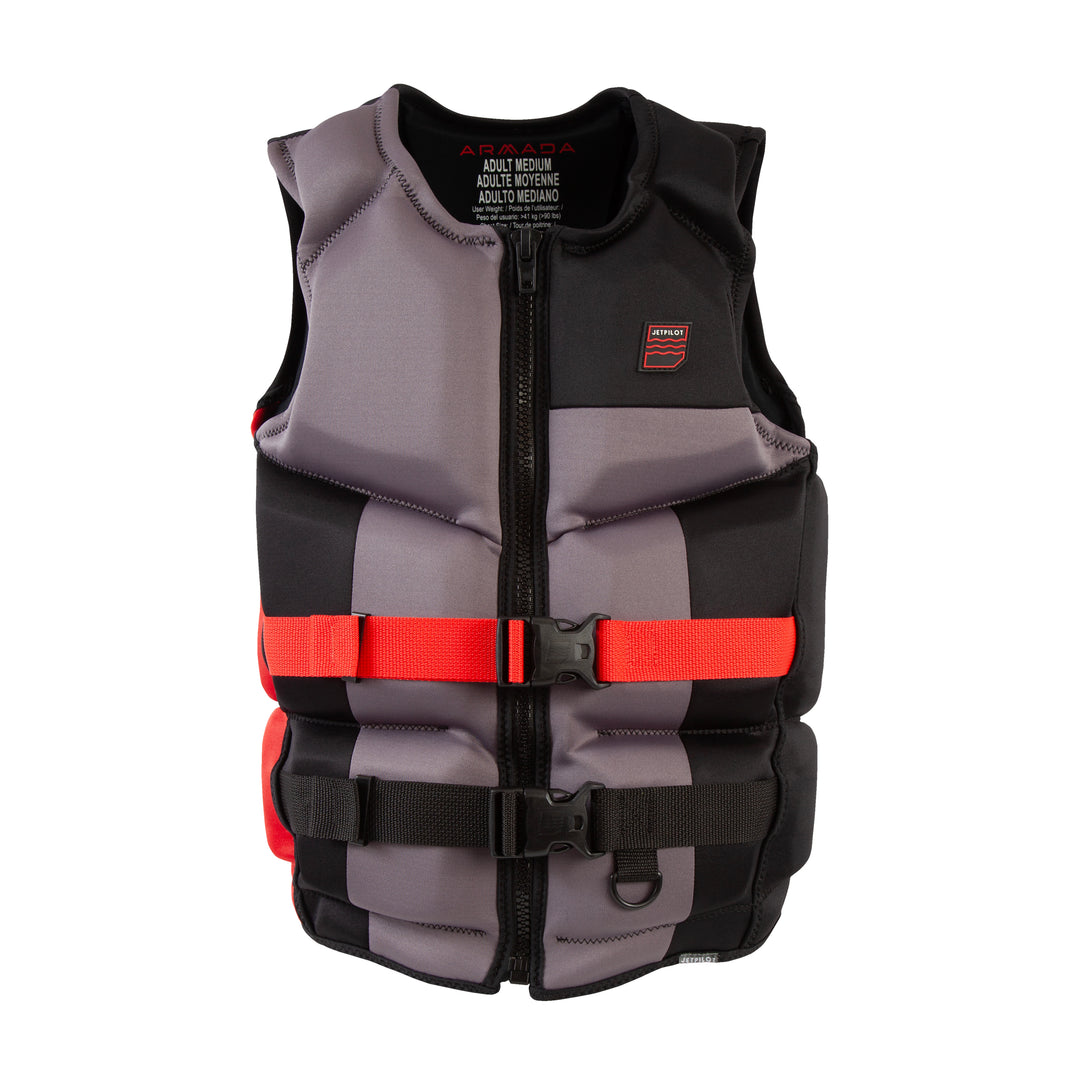 Gray and black life vest with red straps on a white background. #color_black-red