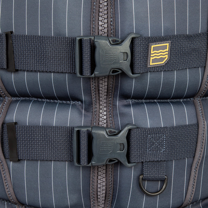 Closeup of the dual buckles for the Jetpilot Shaun Murray CGA Vest. #color_gray