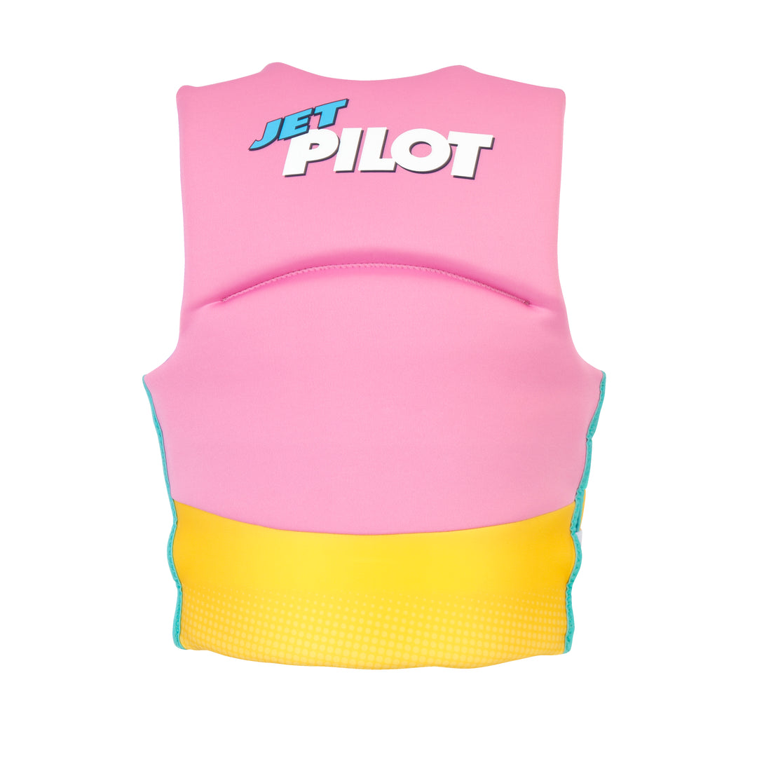 Rear view of the Jetpilot Youth Cause CGA vest in the Yellow/Pink colorway. 