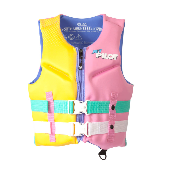 Front view of the Jetpilot Youth Cause CGA vest in the Yellow/Pink colorway. 