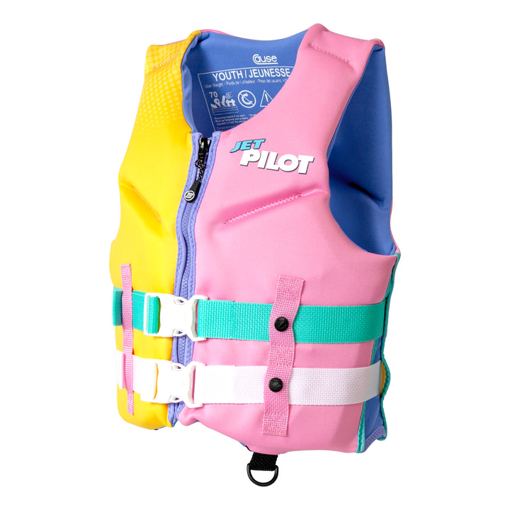 Side view of the Jetpilot Youth Cause CGA vest in the Yellow/Pink colorway. 