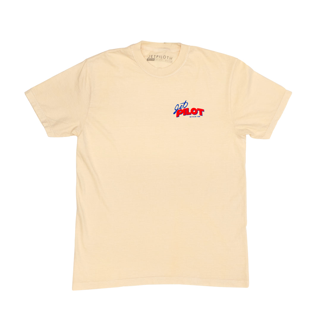 Beige t-shirt with a logo on the chest against a white background