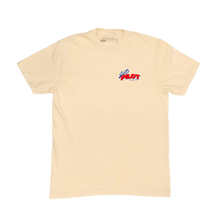 Beige t-shirt with a logo on the chest against a white background