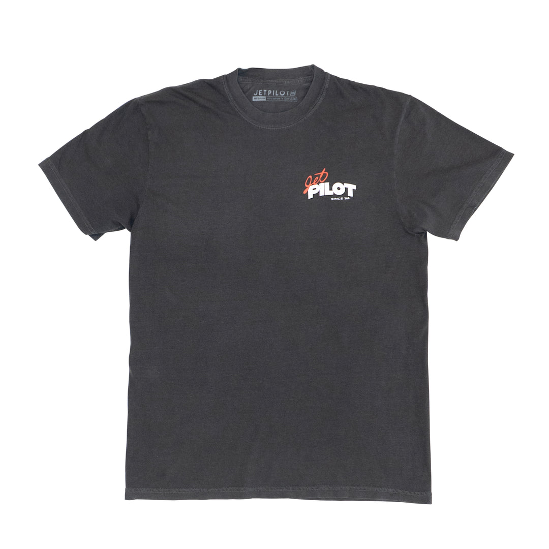 Black t-shirt with a Jetpilot logo on the chest against a white background