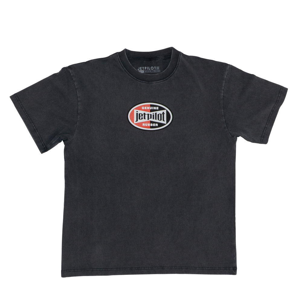 Black t-shirt with a logo on the chest against a white background