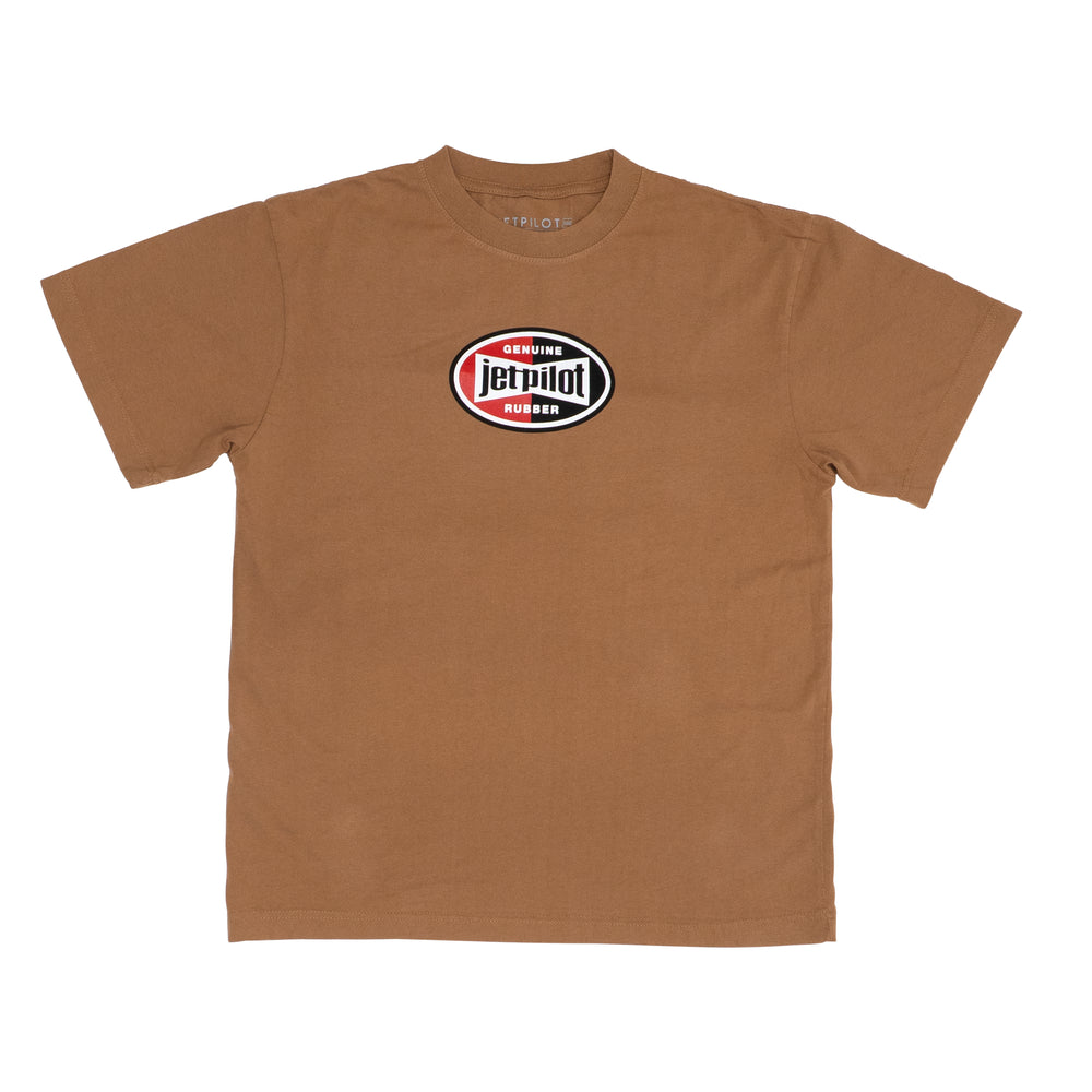 Brown t-shirt with a logo on the chest against a white background