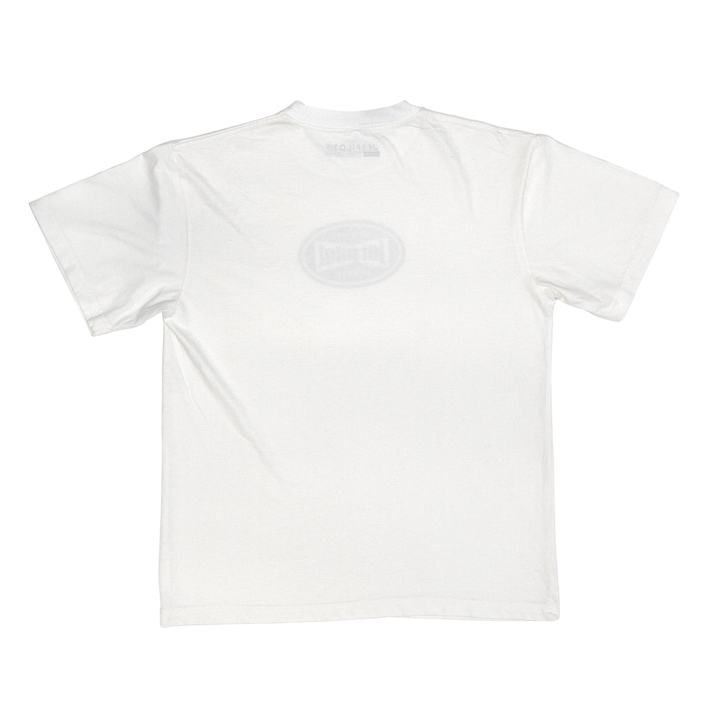 White t-shirt with a logo on the chest against a white background