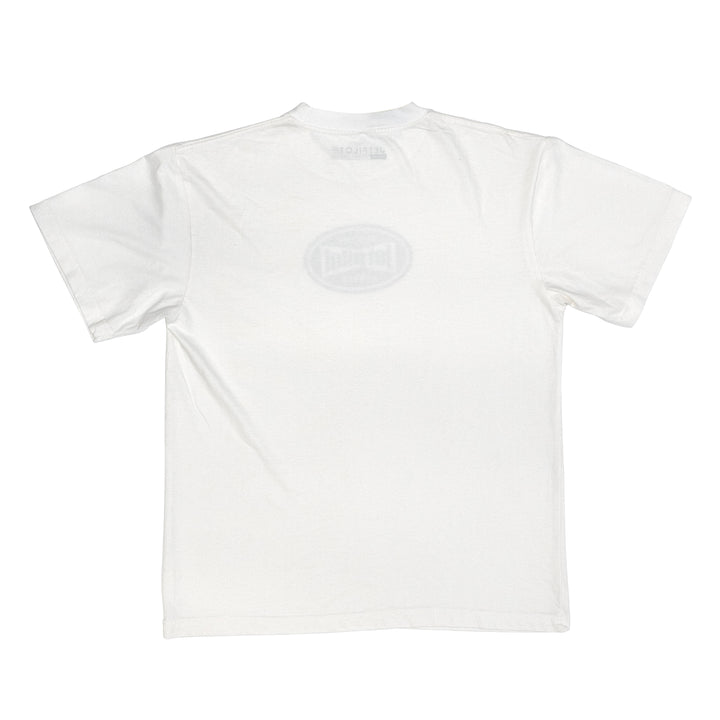 White t-shirt with a logo on the chest against a white background
