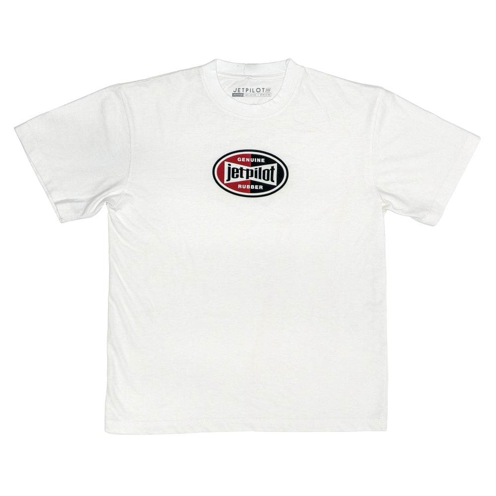 White t-shirt with a logo on the chest against a white background
