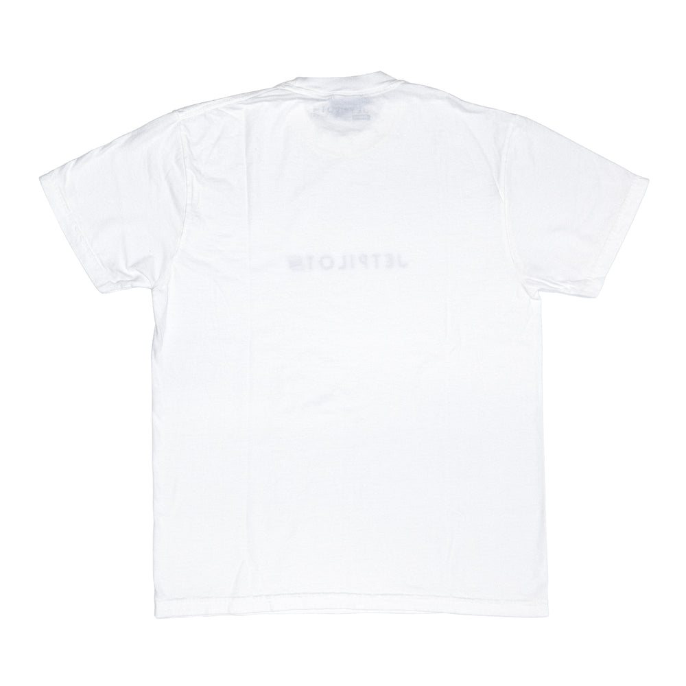 White t-shirt with a brand logo on the back against a white background