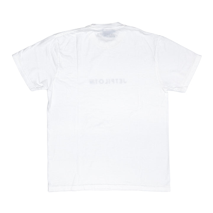 White t-shirt with a brand logo on the back against a white background