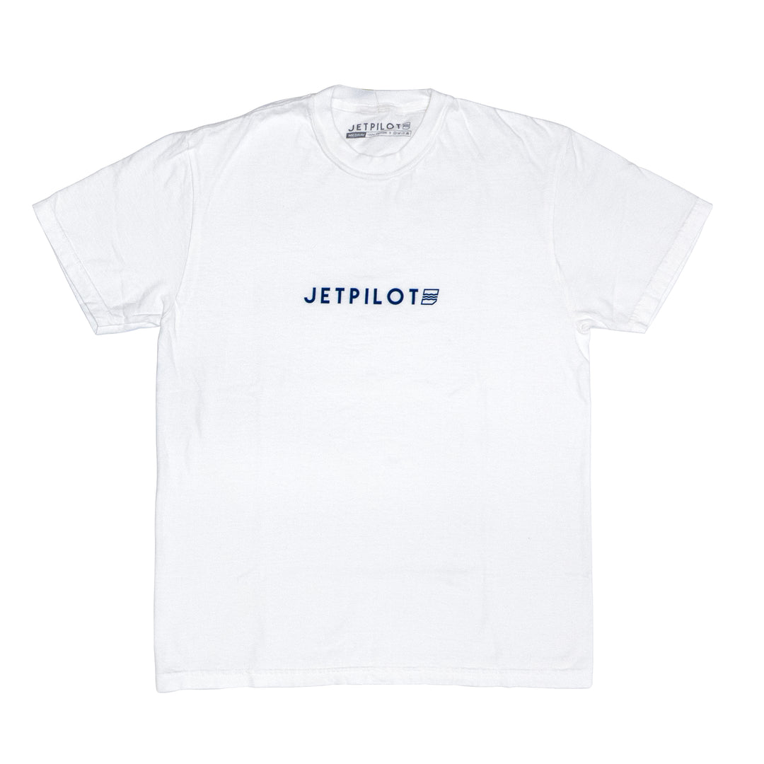 White t-shirt with Jetpilot logo on a white background
