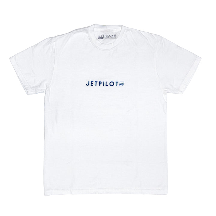 White t-shirt with Jetpilot logo on a white background