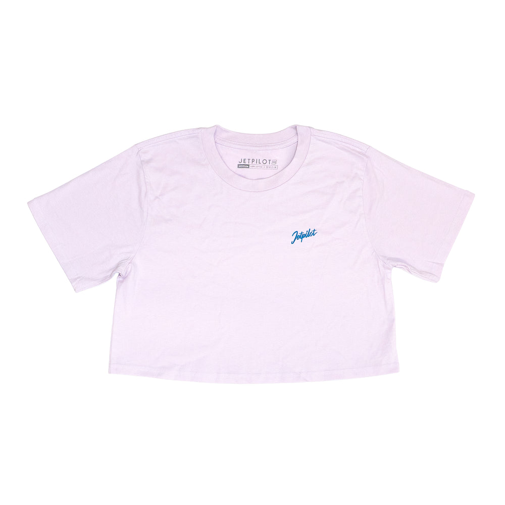 Light purple t-shirt with a brand logo on a white background