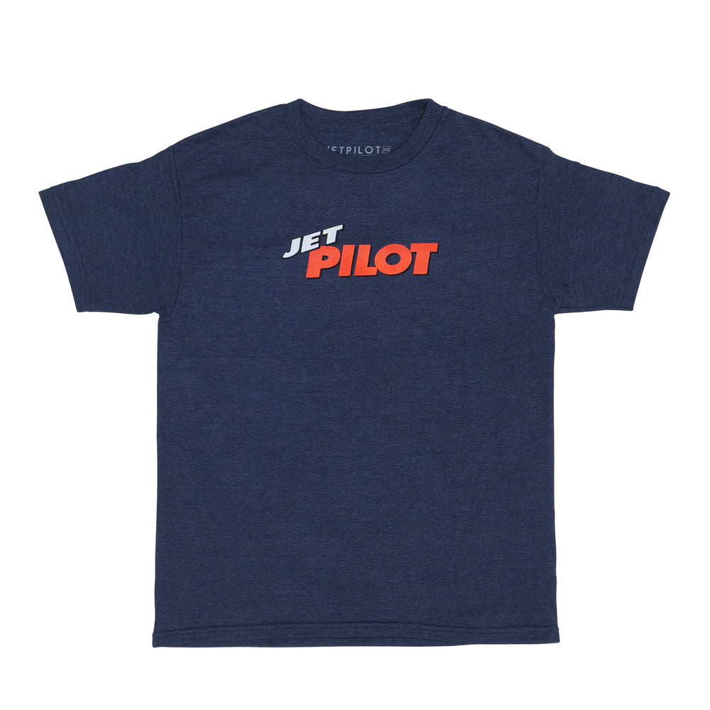 Navy t-shirt with 'Jet Pilot' logo on a white background