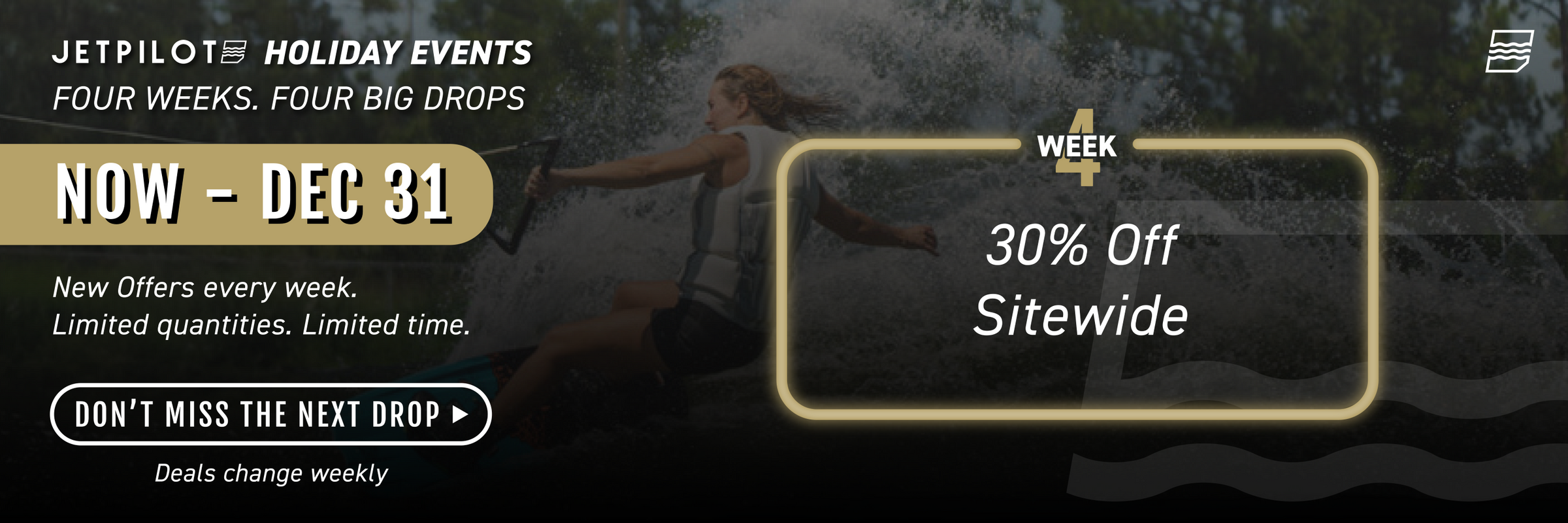 Promotional banner for JetPilot holiday events with a woman running and text about discounts.