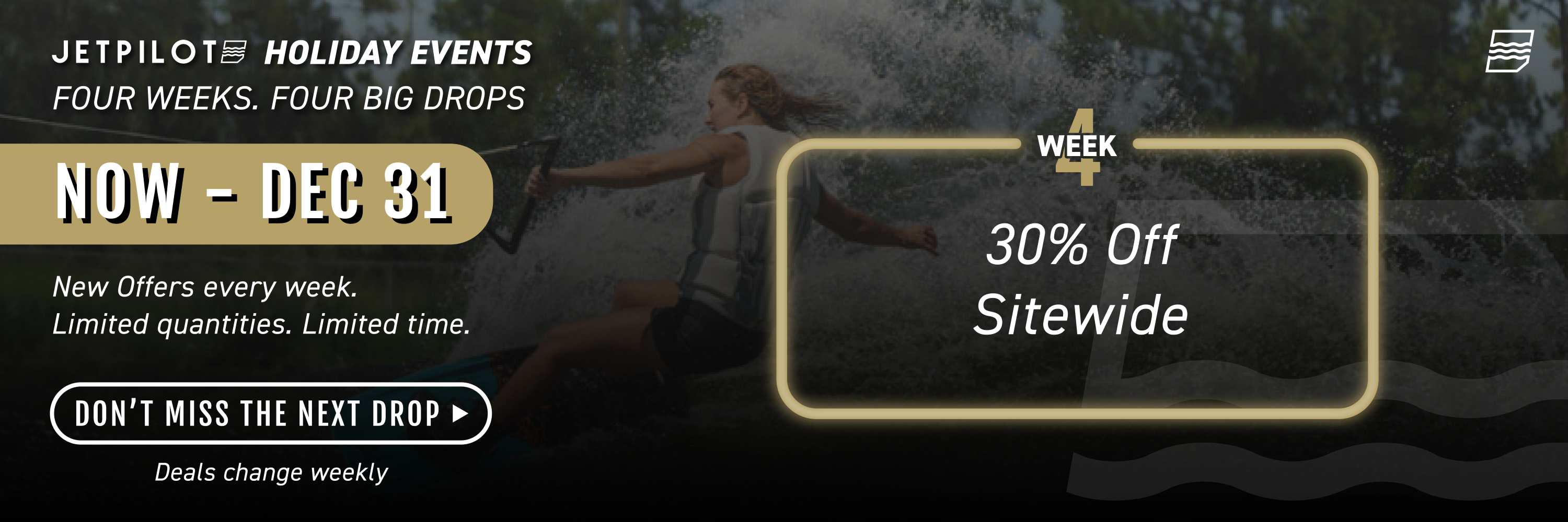 Promotional banner for JetPilot holiday events with a woman running and text about discounts.