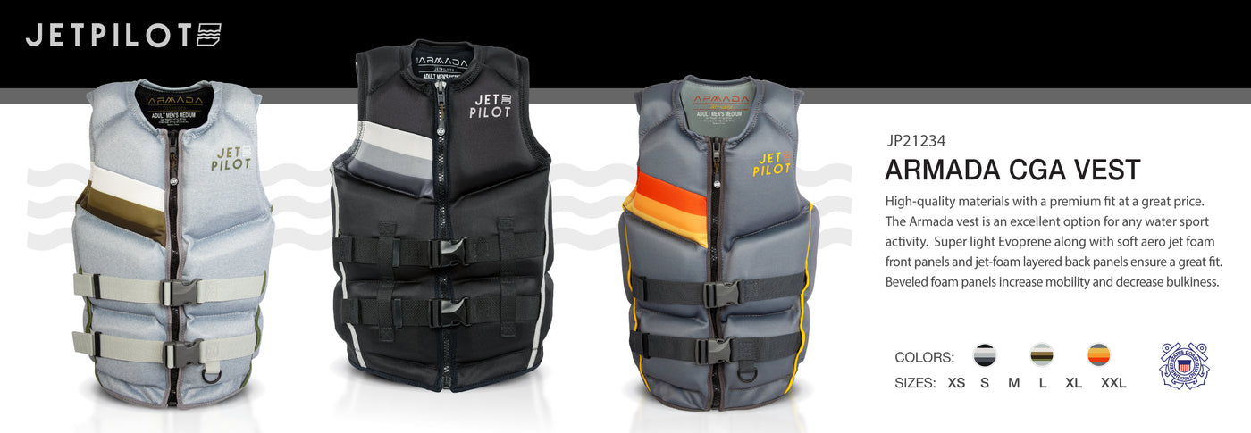 Banner showing all 3 colorways of the Jetpilot Armada Vest