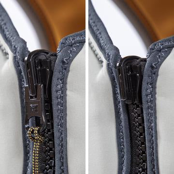 Close up shot of the PK reversible zip with zip lock for the Jetpilot Freeboard Comp Vest.