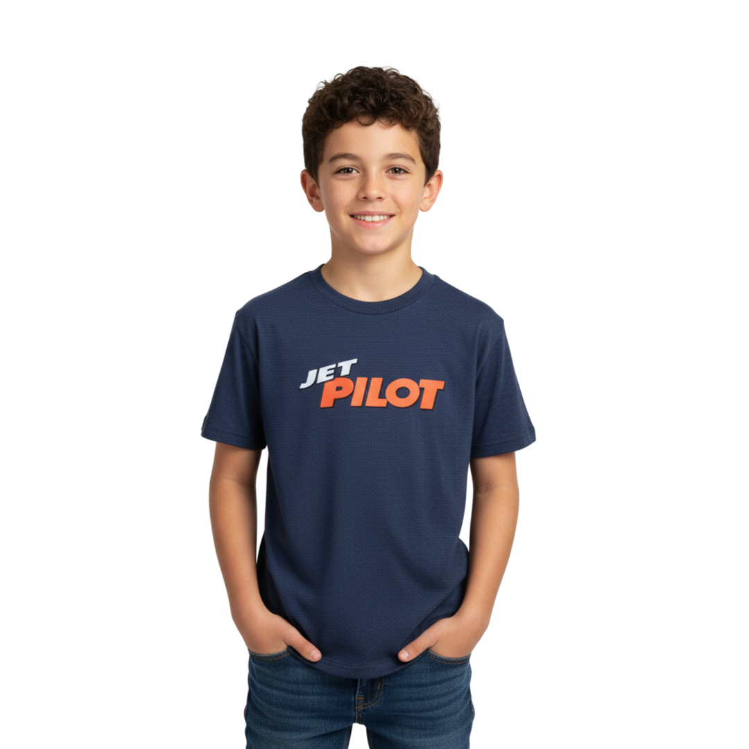 Child wearing a navy blue t-shirt with 'Jet Pilot' logo on a white background