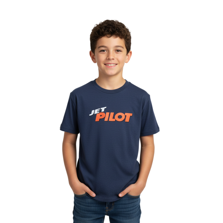 Child wearing a navy blue t-shirt with 'Jet Pilot' logo on a white background