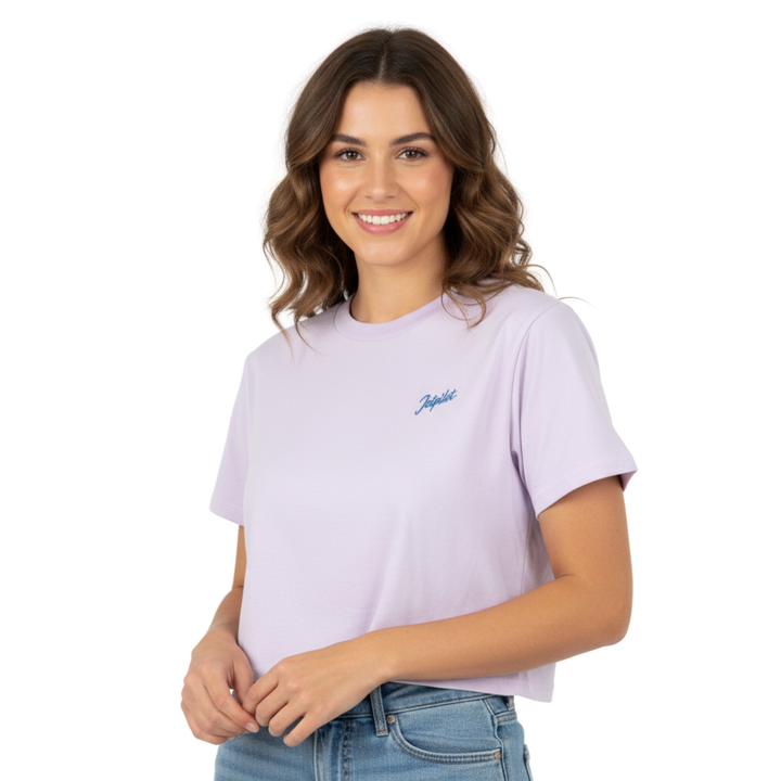 Women wearing a light purple t-shirt with a small Jetpilot logo