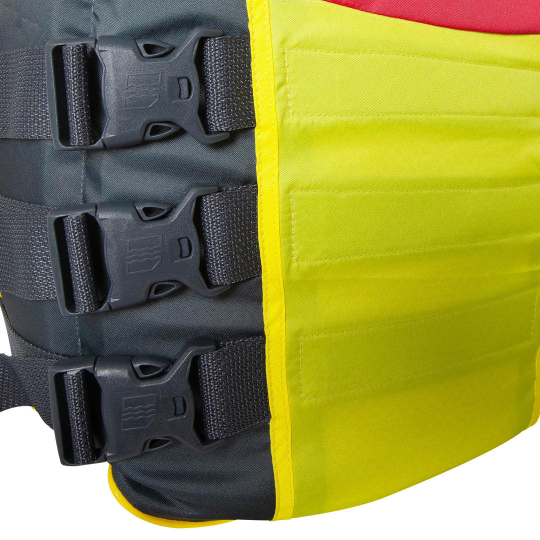 Side view of  Neon Yellow Vintage life vest Patented side entry internal 3 buckle design