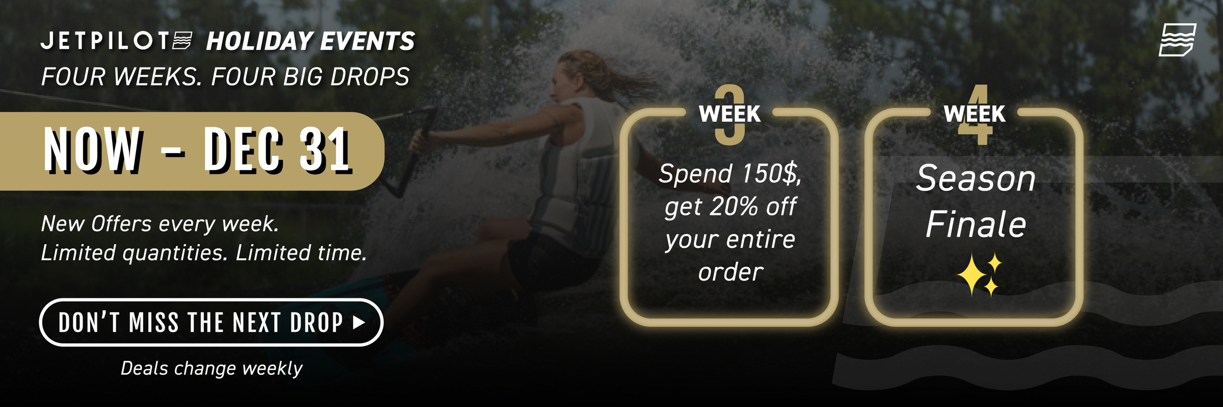 Promotional banner for JetPilot holiday events with text and graphics on a dark background.