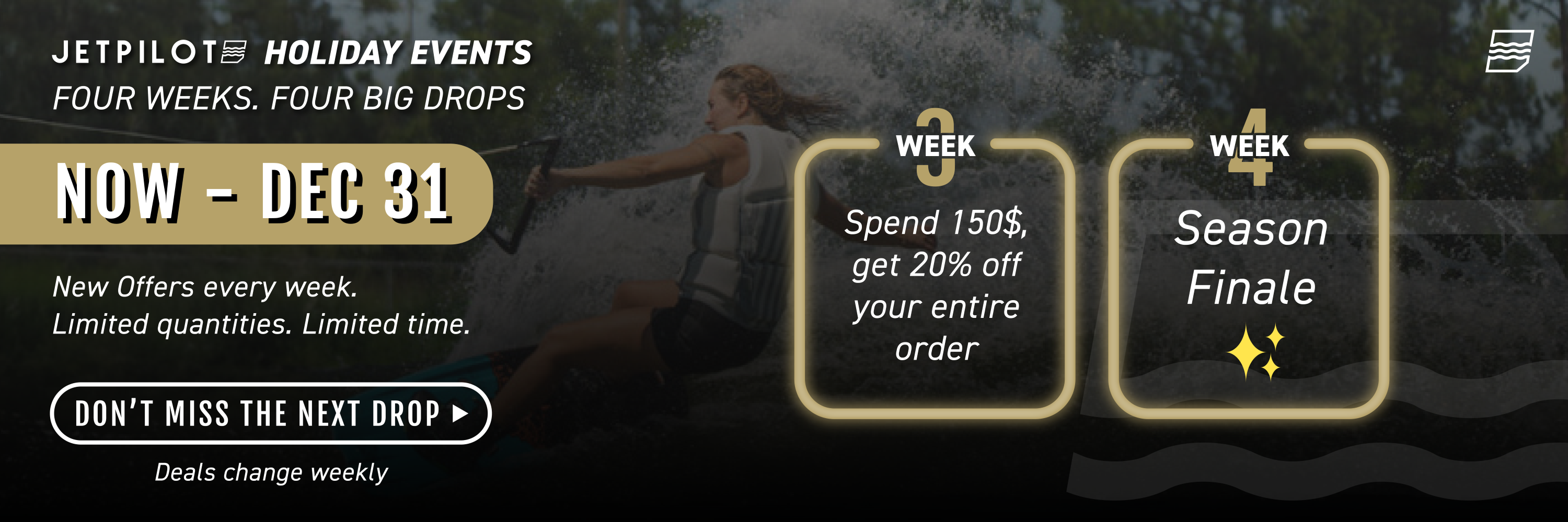 Promotional banner for JetPilot holiday events with text and graphics on a dark background.