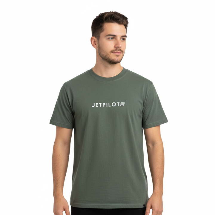 Man wearing a green Jetpilot t-shirt with the Jetpilot logo in the middle