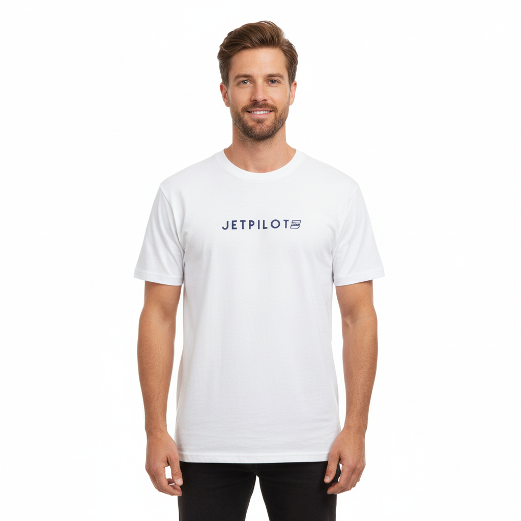 Man wearing a white Jetpilot t-shirt with the Jetpilot logo in the middle.