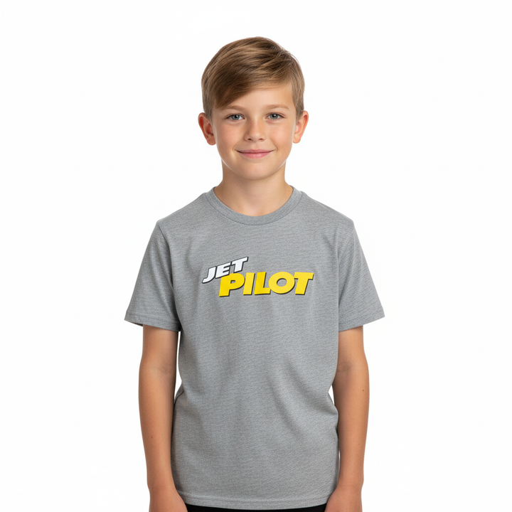 Child wearing a silver t-shirt with 'Jet Pilot' logo on a white background