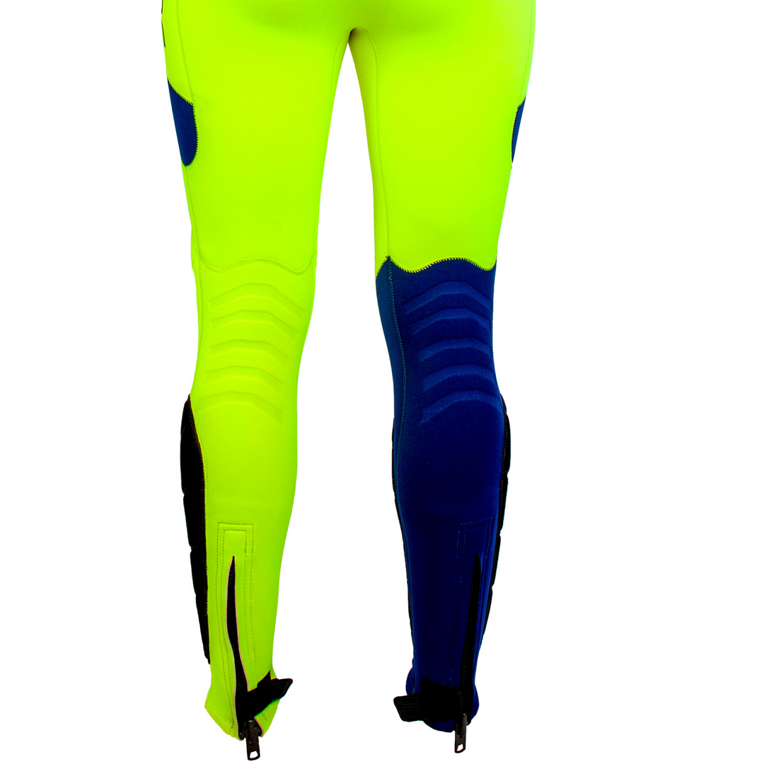 Back view of the Jetpilot F-86 Sabre John wetsuit Neon colorway ankle zips.