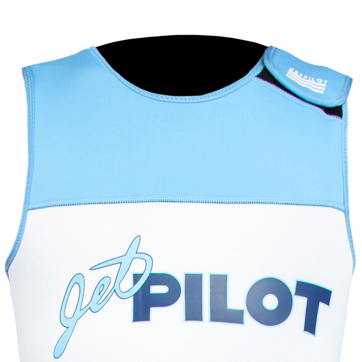 Front view of the Jetpilot Vintage John Wetsuit Blue White colorway neck velcro