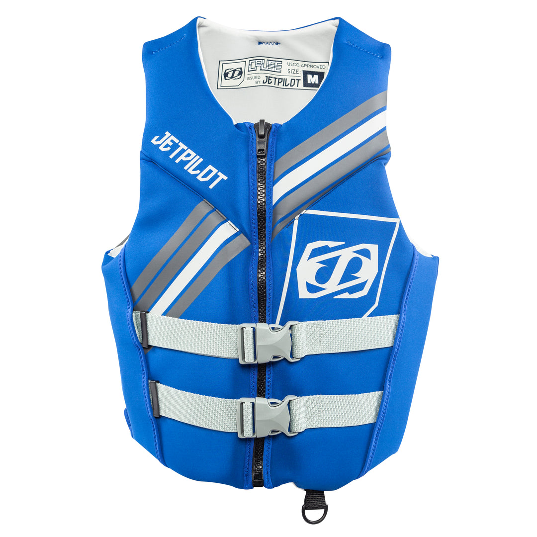Front view of the Jetpilot Cause life vest blue colorway.