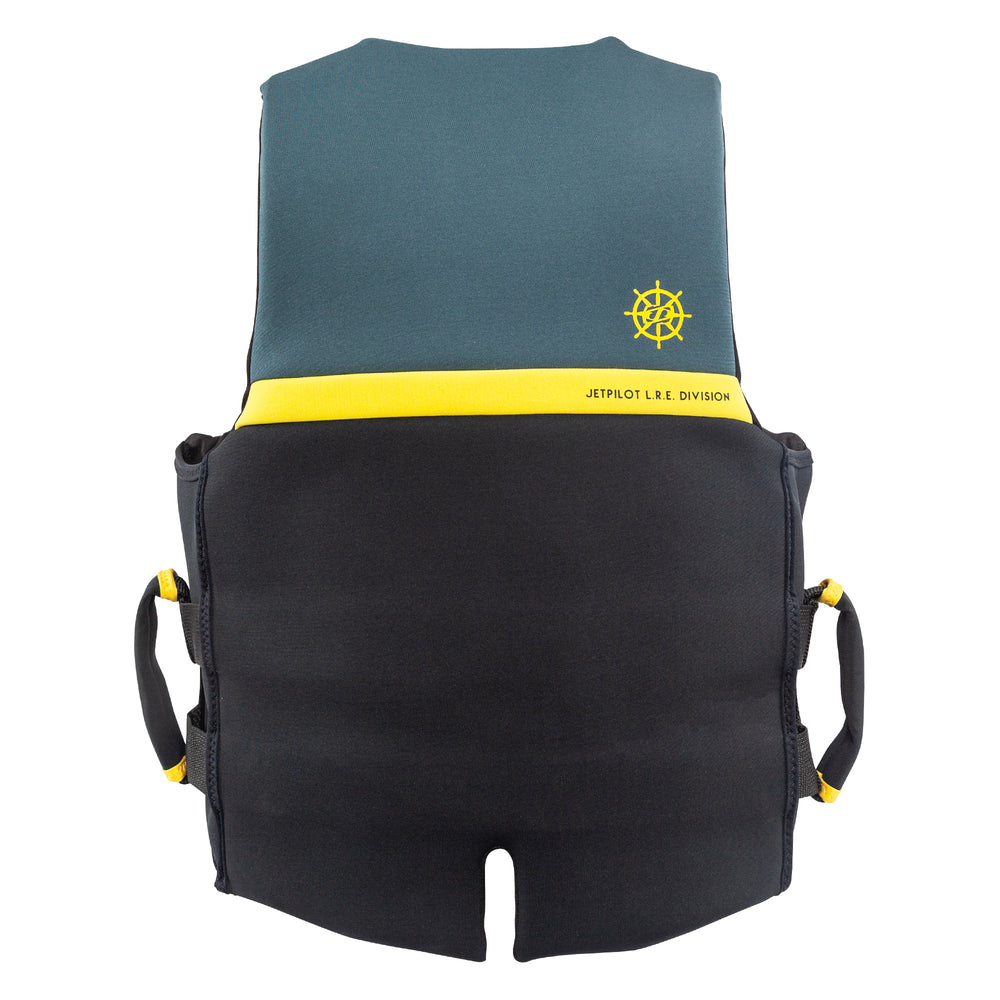 Rear view of the Jetpilot L.R.E. Copilot life vest black, charcoal, and yellow colorway.