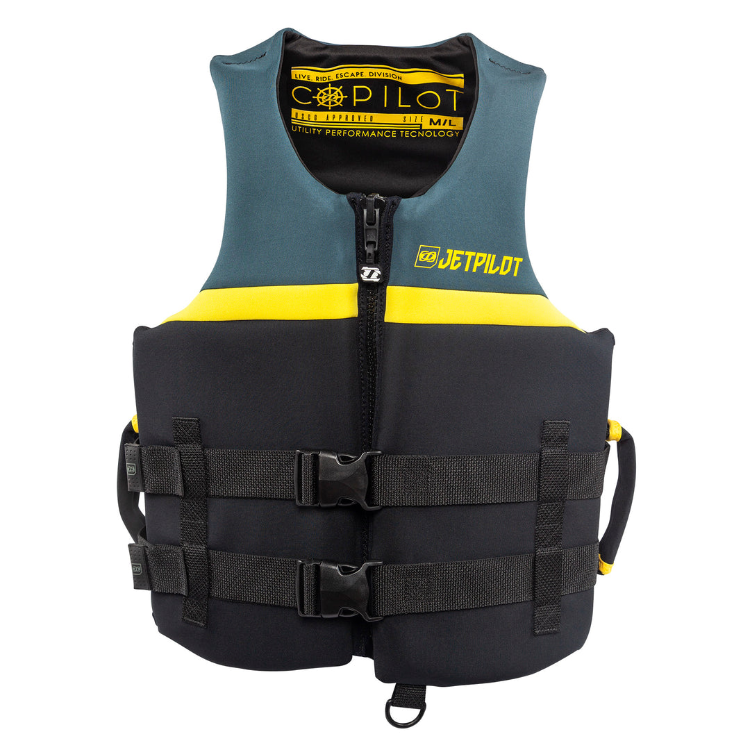 Front view of the Jetpilot L.R.E. Copilot life vest black, charcoal, and yellow colorway.