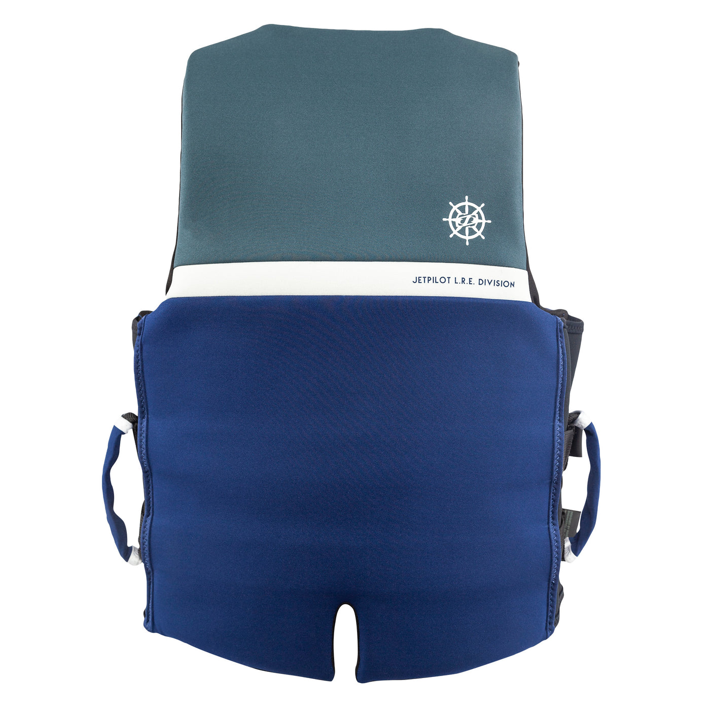 Rear view of the Jetpilot L.R.E. Copilot life vest Charcoal and Blue colorway.