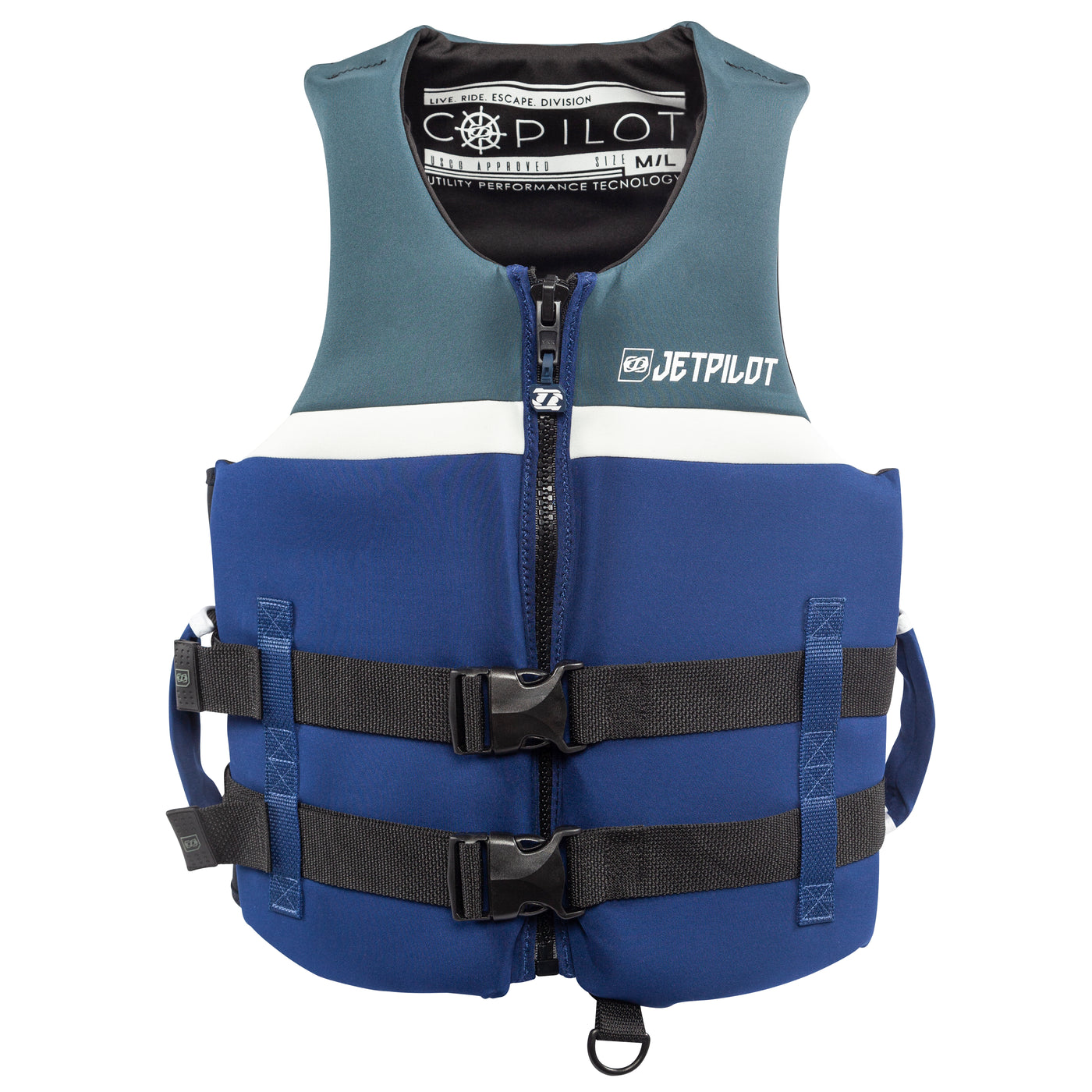 Front view of the Jetpilot L.R.E. Copilot life vest Charcoal and Blue colorway.