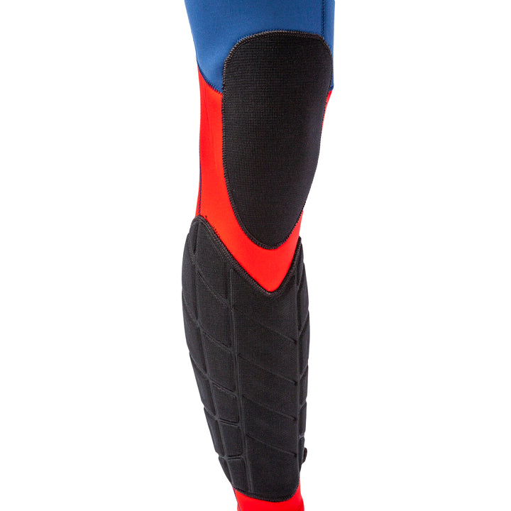 View of the Jetpilot F-86 Sabre John wetsuit Blue Red colorway knee and shin pads..