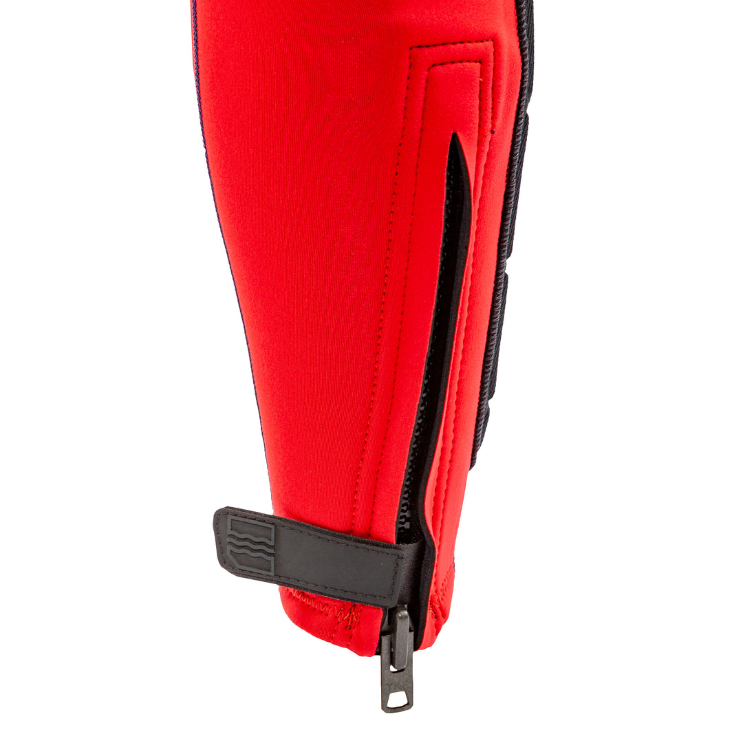 View of the Jetpilot F-86 Sabre John wetsuit Blue Red colorway ankle zipper.