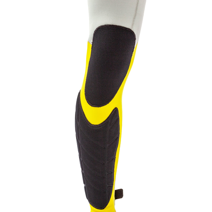 View of the Jetpilot F-86 Sabre John wetsuit Silver Yellow colorway knee and shin pads..