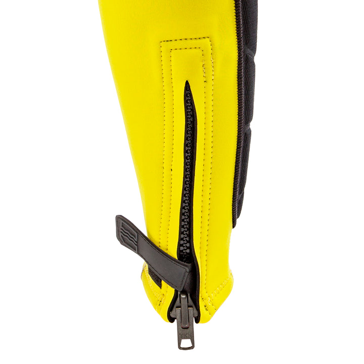 View of the Jetpilot F-86 Sabre John wetsuit Silver Yellow colorway ankle zipper.