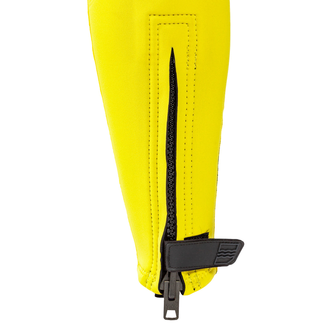 View of the Jetpilot Vintage John Wetsuit Yellow Black colorway ankle zipper