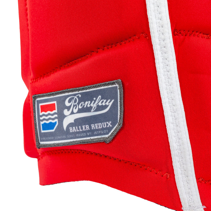 Close up view of the Red Bonifay Baller Comp Vest logo. #color_red-blue