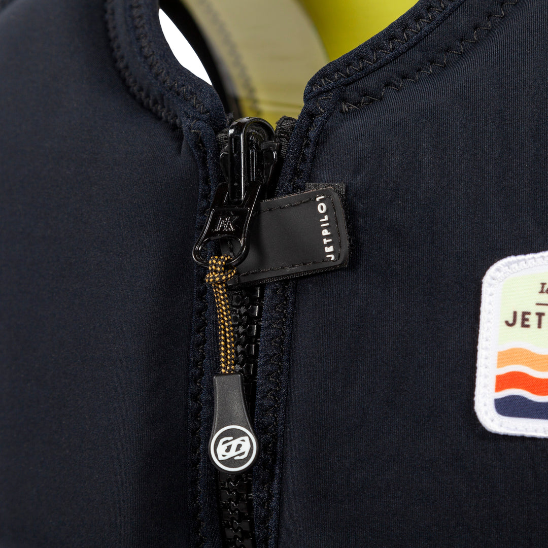 Closeup of the Jetpilot Draftline Comp Vest zipper. #color_black-charcoal