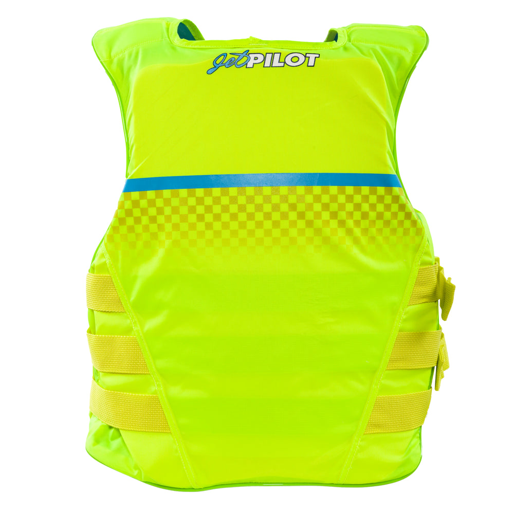 Rear view of the Jetpilot Limited Edition Vintage life vest Neon Green colorway.