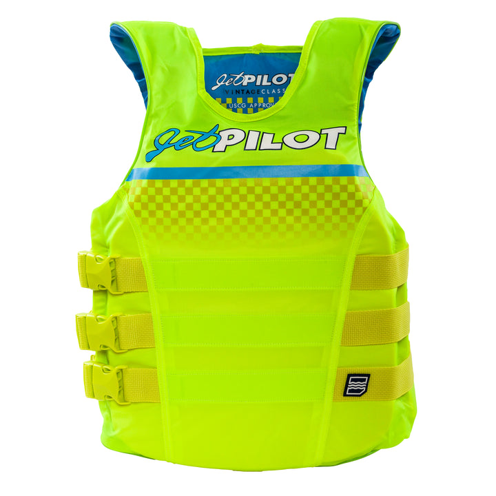 Front view of the Jetpilot Limited Edition Vintage life vest Neon Green colorway.
